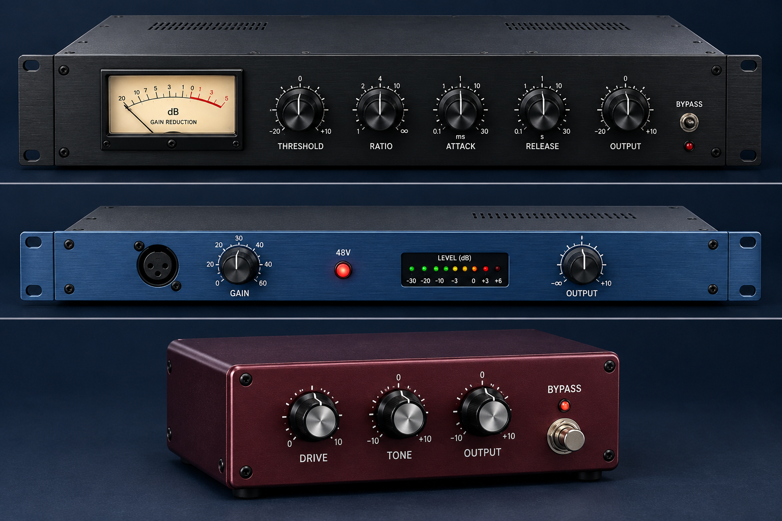 Compresseur analogique en rack utilisé comme exemple d’insert hardware