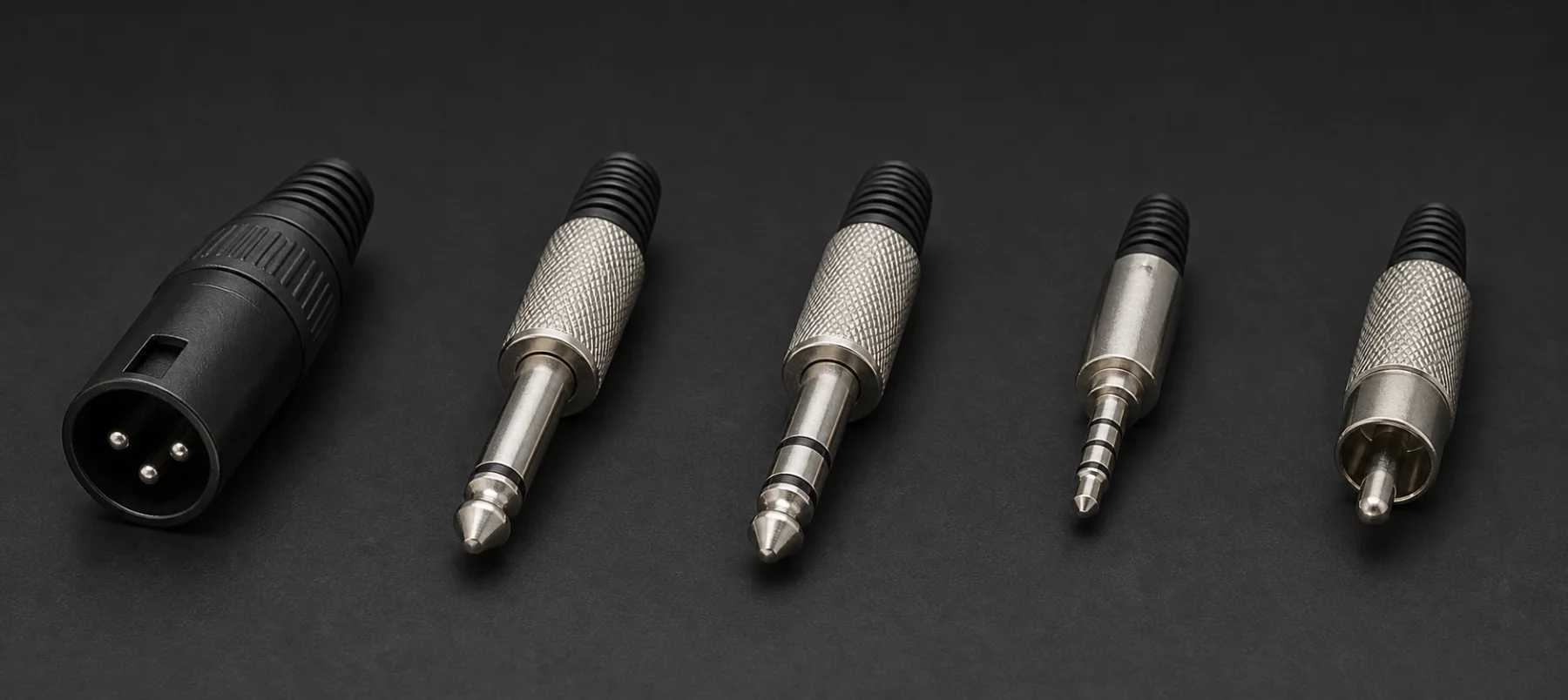 Photographie réaliste d’une fiche XLR à trois broches, de jacks TS, TRS et TRRS, puis d’une fiche RCA