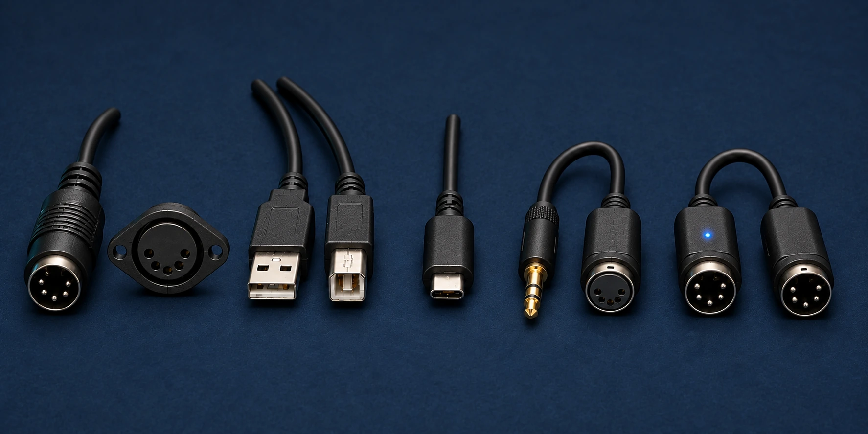 Connectiques MIDI génériques alignées : fiche DIN mâle à cinq broches et prise femelle correspondante, USB A et B, USB-C, adaptateur reliant une fiche mini-jack TRS mâle à une prise DIN 5 femelle, et paire d’adaptateurs BLE-MIDI