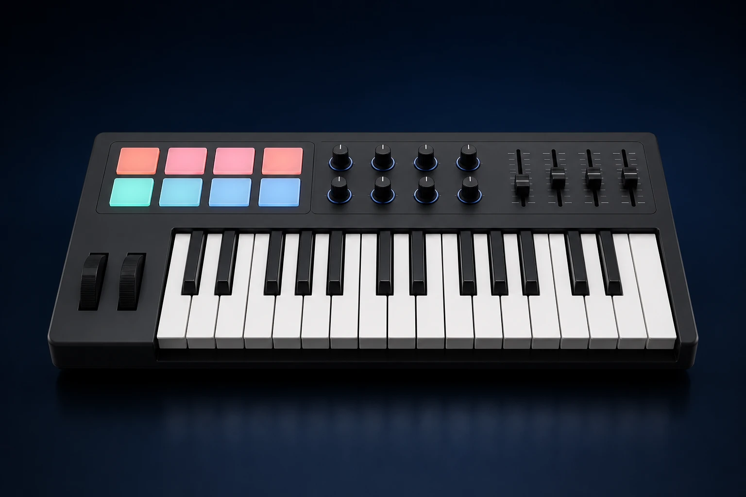 Contrôleur MIDI générique avec clavier, pads, potentiomètres, petits faders et molettes de modulation